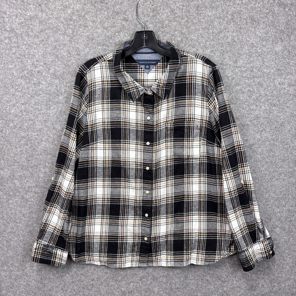 Tommy Hilfiger Mens XL Plaid Flannel Button Down Shirt Black White Tan Cotton